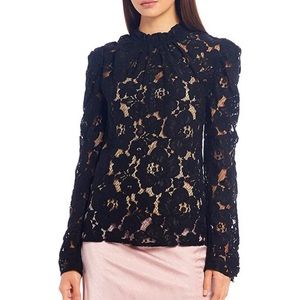 WAYF
Erika Pleated Ruffle Mock Neck Long Puff Sleeve Lace Blouse